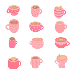 Cute nude pink, beige color coffee cups. Flat cartoon icon set of cappuccino, latte, espresso, frappe, hot chocolate, cocoa, tea for menus, cafes, fabrics, posters, decoration.