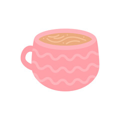 Cute pink color coffee cup. Flat cartoon isolated icon for menus, cafes, fabrics, posters, decoration.