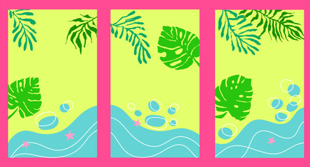 Fototapeta na wymiar Tropic Beach Holidays Banner Set with Grunge Brush Leaves