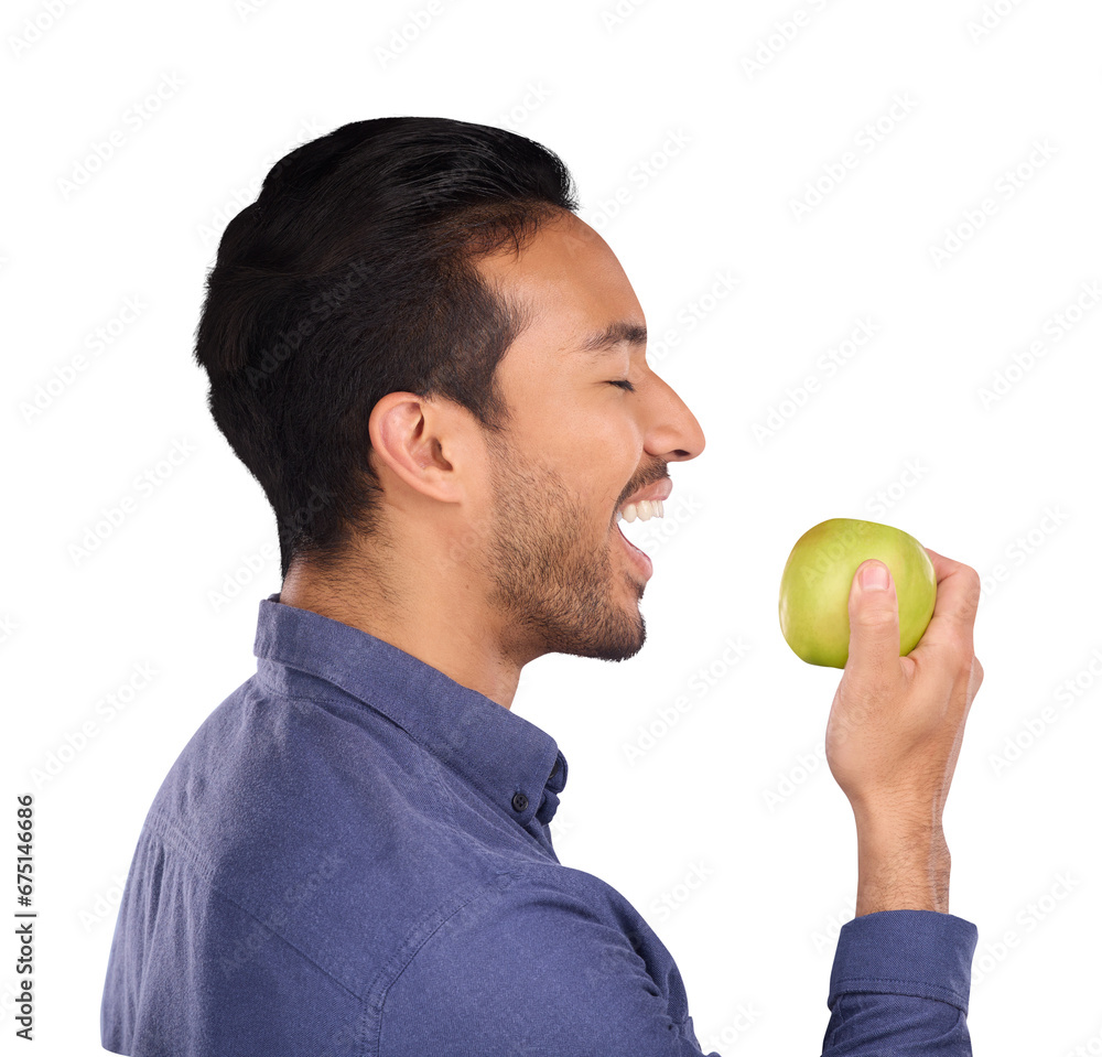 Sticker Man, face and profile, eating apple with health, food and diet plan isolated on a transparent background. Person, model and guy with fruit, detox to lose weight and wellness with png, fibre and vegan