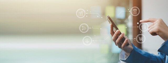 Use your smartphone to shop online, Open bank application to pay for the product, Online stores are...