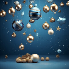 Fototapeta premium Merry Christmas and Happy New Year. Christmas festive background with realistic 3d objects, blue and white balls