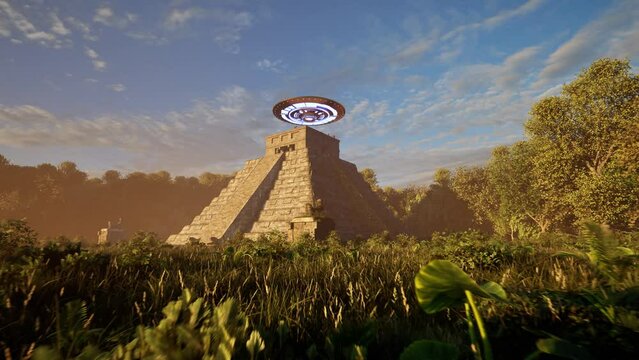 A UFO casting colorful lights, hovering above ancient Mayan temple ruins in the jungle on sunset, with an alien standing idle and looking, 3D animation, animated scenery, camera zoom in from below