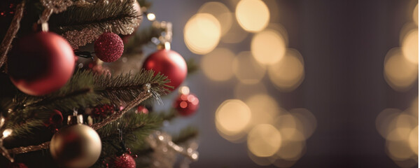 Fragment of a festively decorated Christmas tree with a blurred bokeh of lights in the far background.