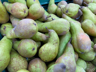 Close-up of green pears at the farmer's market.