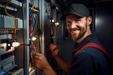 Fototapeta na wymiar Electrician engineer inspect, maintain switch socket circuit breaker panel