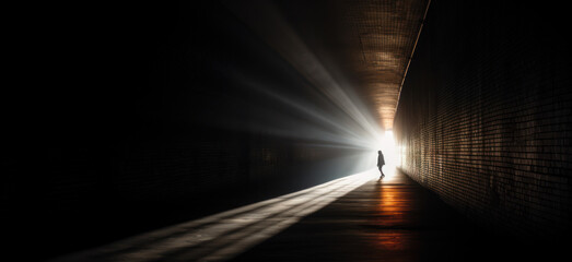 Light Piercing Darkness Description, A person standing in a tunnel with sunlight streaming through the exit - Powered by Adobe
