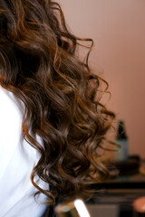 Obraz premium Close up of long brunette hair curled with iron flat