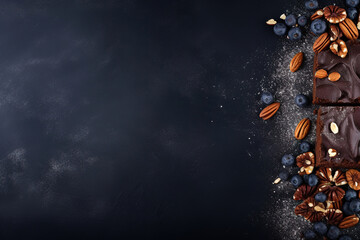 brownie imagery in a minimalist photographic approach, top view, with blue  background, modern food photography, with empty copy space