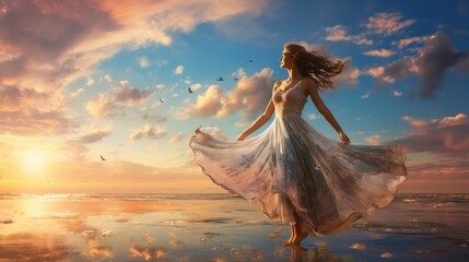 a young woman dancing on the beach against a beautiful sky