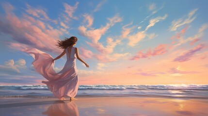 a young woman dancing on the beach against a beautiful sky