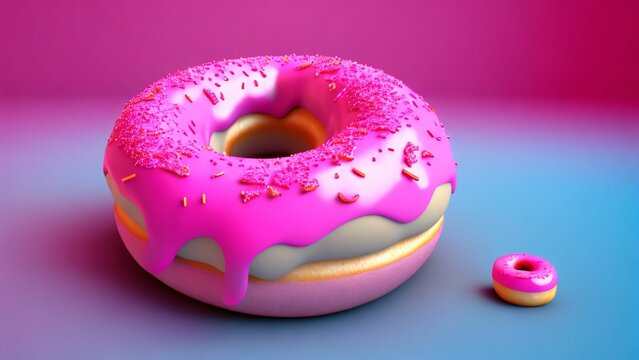 AI generated illustration of a single pink donat on a colorful background.