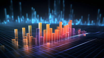 3D rendering of some stock market charts in a cyberspace environment with neon colors