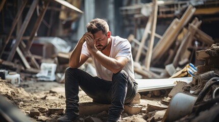 Fototapeta premium Stressed worker sitting on the floor at construction site