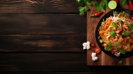 Top view of Pad Thai on a black wooden table, Thai food, national food - obrazy, fototapety, plakaty