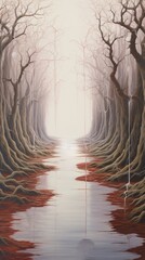 mystical forest, surreal, painting, trees, reflection, water, fantasy, ethereal, light, pathway, art, nature, fog, mist