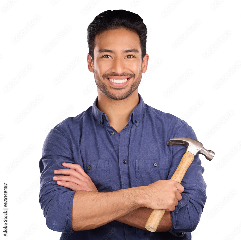 Sticker Portrait, hammer and happy asian man with arms crossed on isolated, transparent and png background. Maintenance, repairs and face of male handyman smile with DIY pride, advice or fix, tips or guide