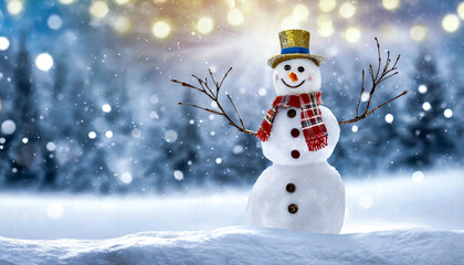 Fototapeta premium Schneemann im Schnee, textfeiraum, Generated image