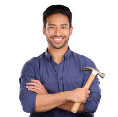 Portrait, hammer and happy asian man with arms crossed on isolated, transparent and png background....