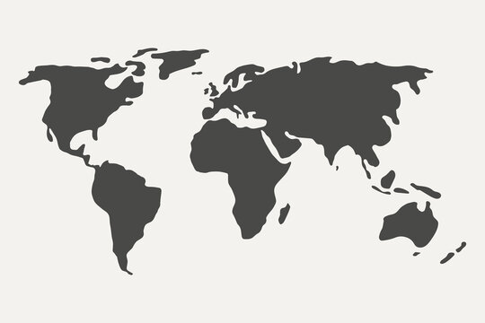 Black Gray Silhouette of Simple Stylized World Map. Shapes of Continents of the Globe Isolated on a White Background. Vector Illustration.