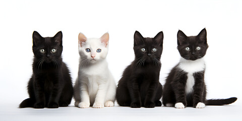 Kittens Group Look At Each Other, white and black cats, Isolated background.