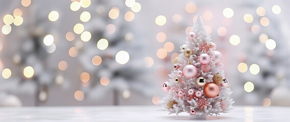 Obraz na płótnie Canvas Miniature Christmas tree in gray and pink colors on a blurred background with a bokeh effect..