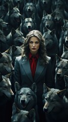 Confident businesswoman standing before a wolf pack