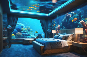 Bedroom Interior with an aquarium themed showcasing a diverse array of underwater marine life and vibrant coral reefs, aquarium bedroom, undersea bedroom