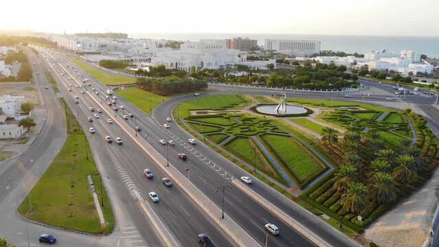 Beautiful road with green trees in the early morning, oman , muscat
