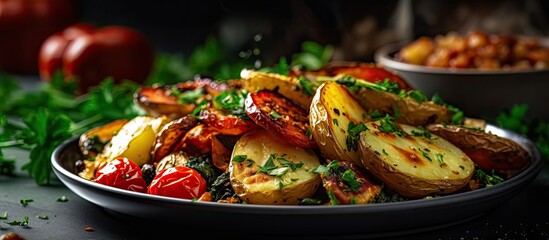 For a healthy breakfast try a new roasted potato plate with boiled young vegetables and a touch of aromatic herbs and garlic providing both health benefits and a satisfying start to your da - obrazy, fototapety, plakaty