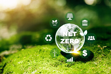 Net zero and carbon neutral concept Net-zero greenhouse gas emissions targets a long-term, climate-neutral strategy to 2050. - obrazy, fototapety, plakaty