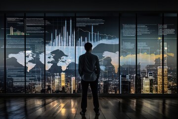 Fototapeta premium Person standing in front gigantic data screen. Data and analytics concept, data visualisation, analytics tools, data centers
