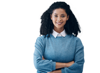 Happy, business woman with arms crossed and portrait isolated on transparent png background. Face of confident entrepreneur, creative professional and designer or employee in South Africa at startup