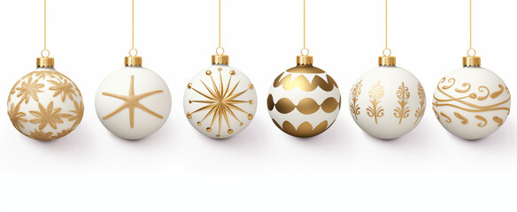 Set of white and gold realistic Christmas decorations. 3d render vector illustration. Design elements for greeting card or invitation