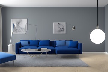 Creative Drawing Room, Wall Paint Color Sapphire Blue with Sofa Set