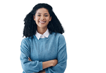 Business woman with arms crossed, smile and portrait isolated on transparent png background. Face of confident entrepreneur, creative professional and designer or employee in South Africa at startup - obrazy, fototapety, plakaty