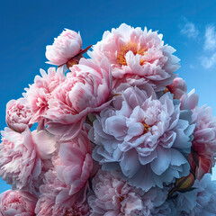 Elegance in Bloom: A Bouquet of Pink and White Peonies Against a Blue Canvas
