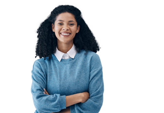 Business woman with arms crossed, smile and portrait isolated on transparent png background. Face of confident entrepreneur, creative professional and designer or employee in South Africa at startup