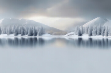 Nature podium landscape(wallpaper) image with snowy trees, sky, mountain and nature. Calm and elegant winter atmosphere panoramic view.