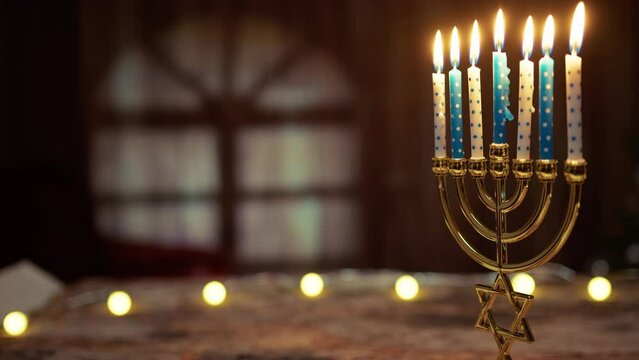 Hanukkah Candlestick with lit candles And lights 