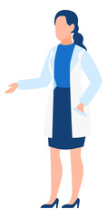 Woman in lab coat gesticulate. Female scientist standing