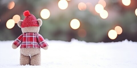 a teddy bear in winter clothes stands with his back in the snow against the backdrop of bright blurry bokeh lights. Christmas and Happy New Year background