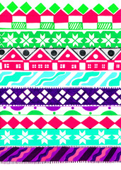 Multicolored geometric ornament on white background. It is divided into horizontal rows where one pattern repeated. Rhombuses, triangles, rectangles, lines, waves, decorative houses, snowflakes, stars