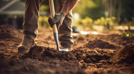 Close-up of a worker digging with a shovel, showcasing the manual effort involved in preparing the ground for planting. - obrazy, fototapety, plakaty
