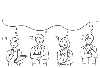 上を見上げて悩むビジネスパーソンのベクターイラスト素材。上半身、白黒。