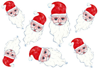 A set of portraits of Santa Claus of different sizes randomly arranged on a white background. Watercolor painting. Stylized characters. A red hat with a bauble. Big round eyes. Fluffy white beard.