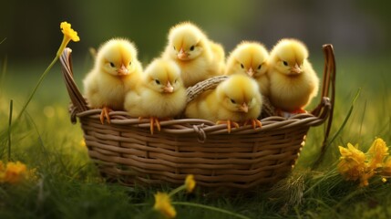 basket with small yellow chickens on the grass