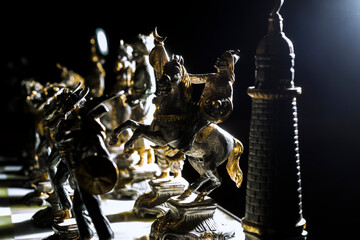 Chess pieces details, pawns. Mind games, combat. Leadership.