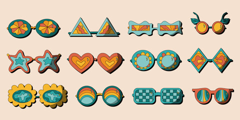 Groovy hippie sunglasses set in trendy retro 1970s style. 