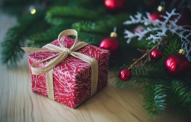 Fototapeta na wymiar Christmas gift box on tree background. Merry Christmas and Happy New Year